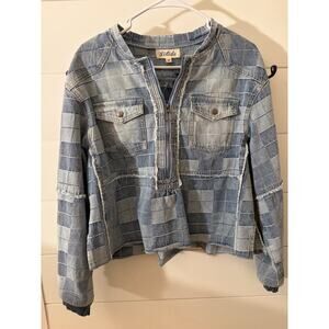 Listicle Women’s Size Medium Oversized Denim Patchwork Top Halfway Zipper